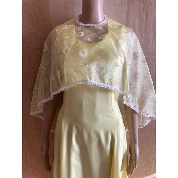 1960s Polyester Handmade Yellow Maxi Dress Sheer Floral Overlay Sz S Cottagecore - Picture 7 of 16